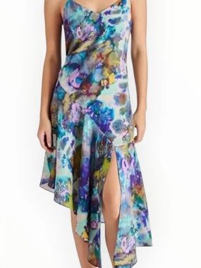 Steve Madden Blue & Purple Watercolor Asymmetrical Slip Dress